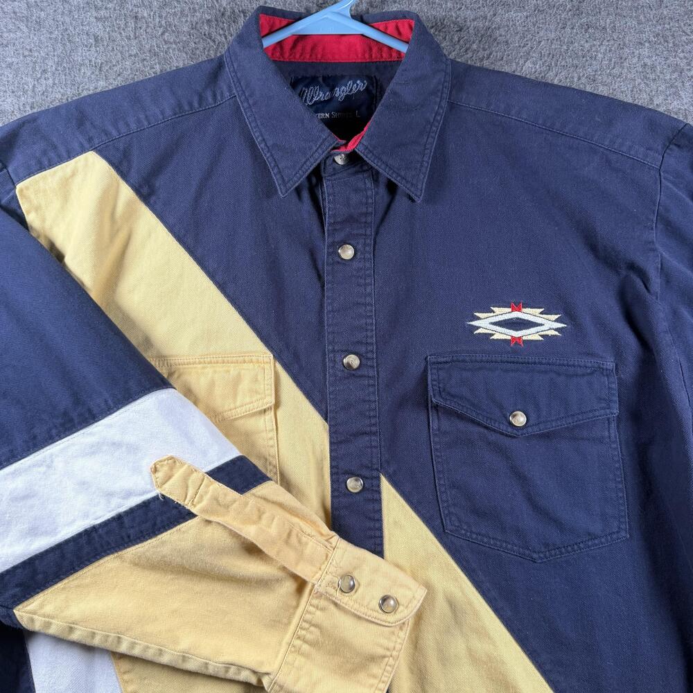 Vintage Wrangler Shirt Mens Large Multicolor Colorblock Western Pearl Snap Aztec